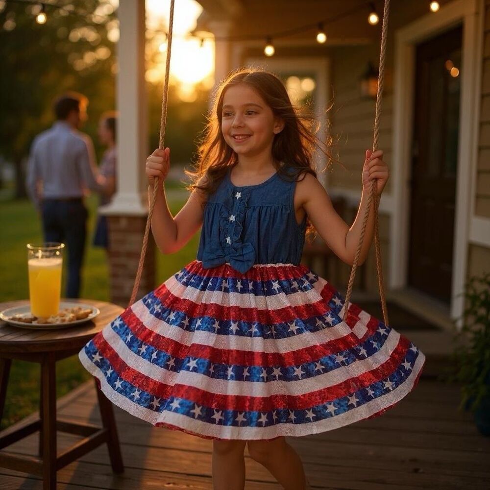 Girls 4th of July Sequins Bow Patriotic American Flag Dress Day 4XL (10-12yrs)